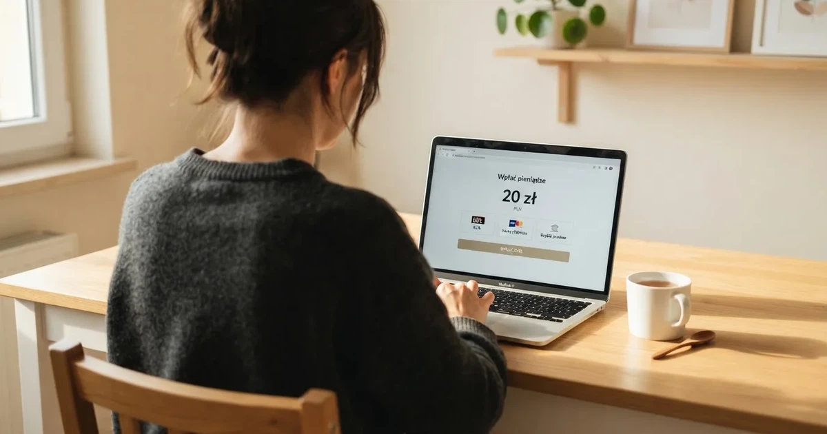 Laptop z otwartym formularzem wpłaty na kwotę 20 zł i wyborem między szybkim przelewem, kartą płatniczą a BLIK-iem