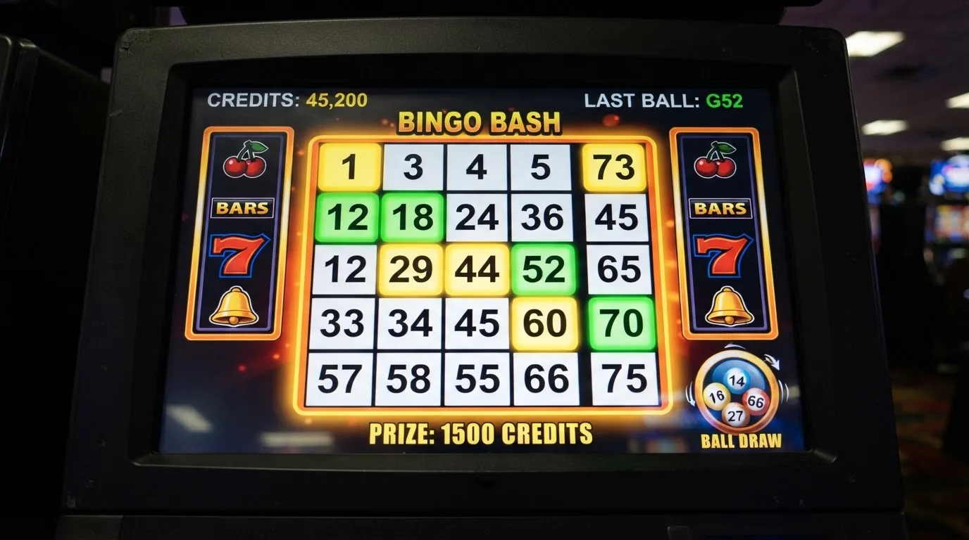 Ekran automatu do gry z kolorową planszą w stylu bingo i podświetlonymi liczbami