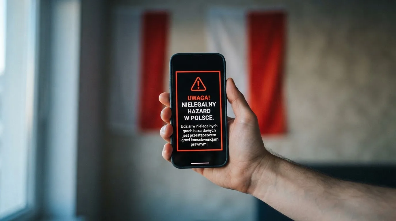 Dłoń trzymająca telefon z widocznym komunikatem ostrzegawczym o legalności hazardu online na tle biało-czerwonej flagi Polski.