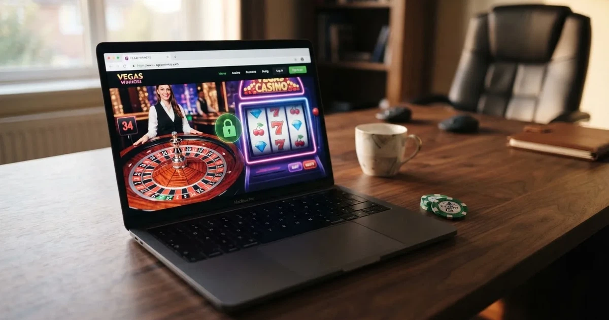 Laptop na biurku z otwartą stroną kasyna internetowego i ikoną kłódki szyfrowania w pasku adresu przeglądarki