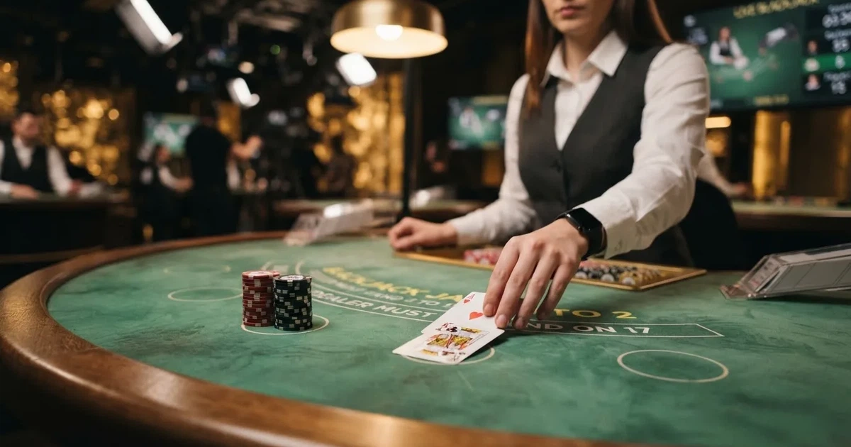 Krupier rozdający karty przy stole blackjacka na żywo w kasynie online