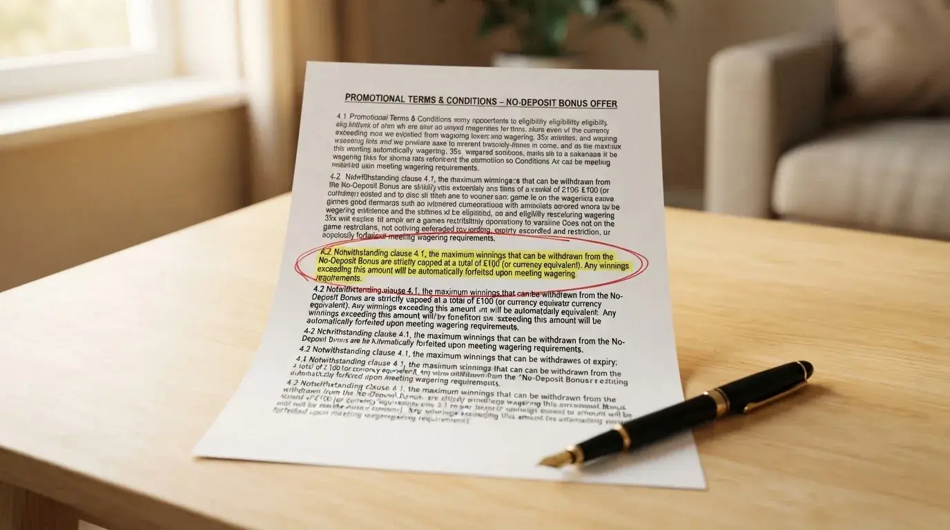 Wydruk regulaminu promocji z zakreślonym zapisem o maksymalnej wygranej z bonusu przyznanego bez wpłaty