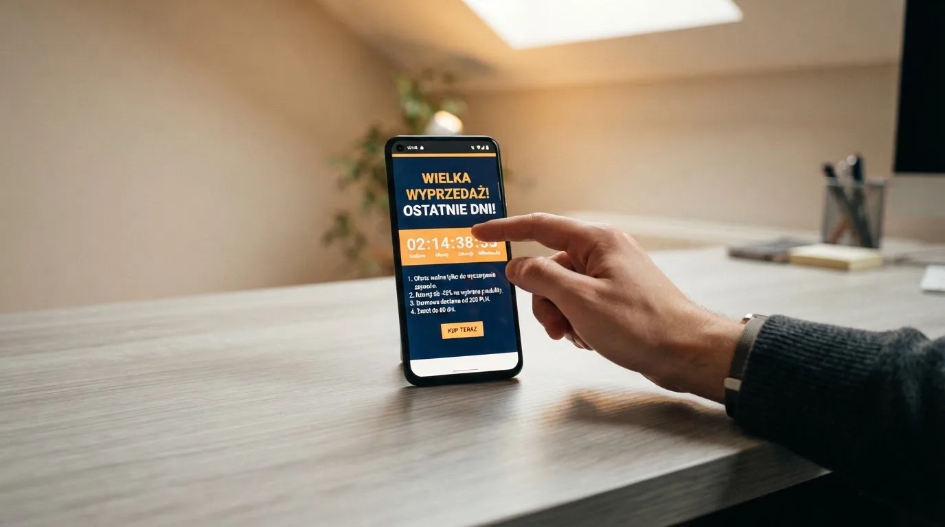Zbliżenie na telefon z listą warunków promocji i licznikiem odliczającym dni do końca oferty