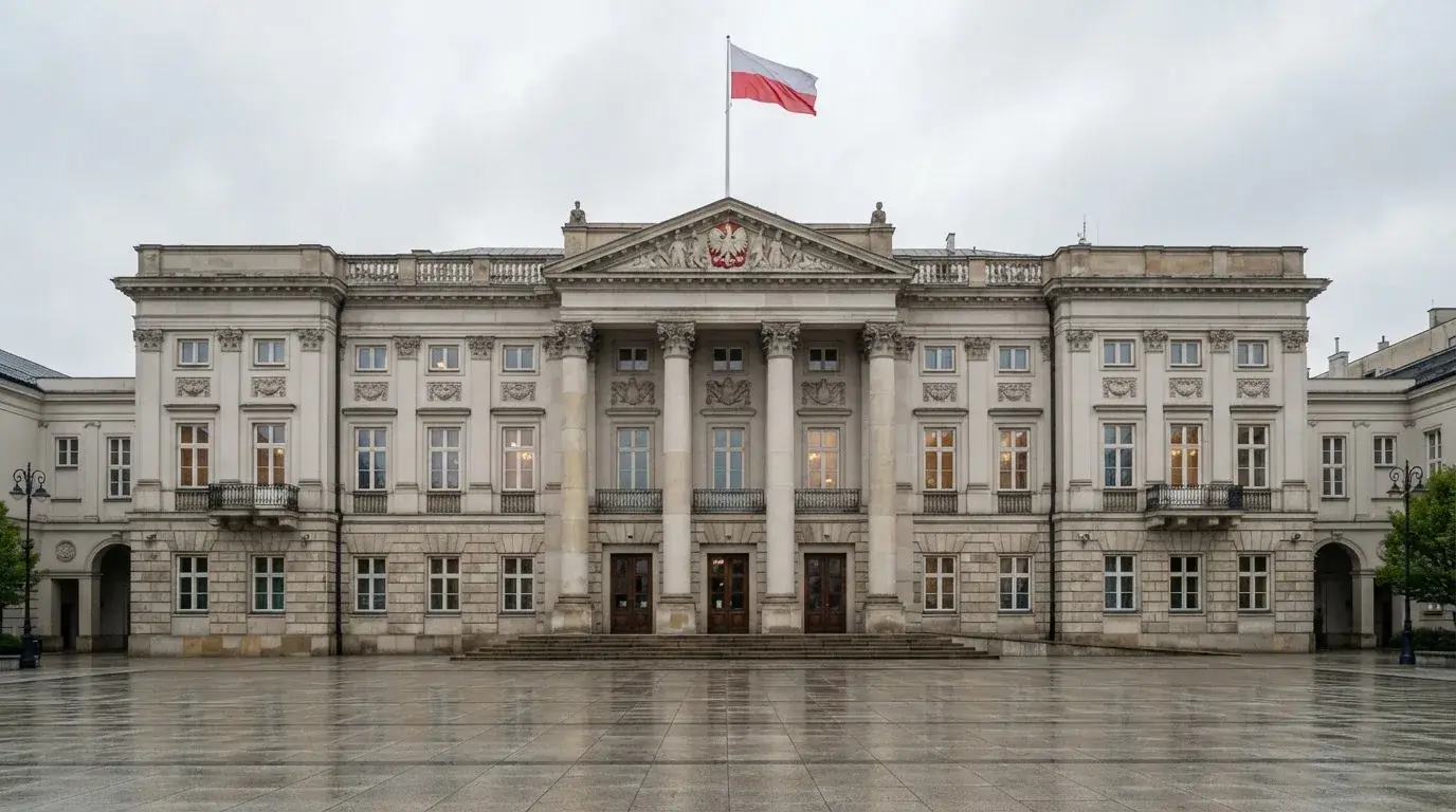 Fasada budynku instytucji państwowej z flagą Polski, symbol nadzoru regulatora nad rynkiem gier hazardowych
