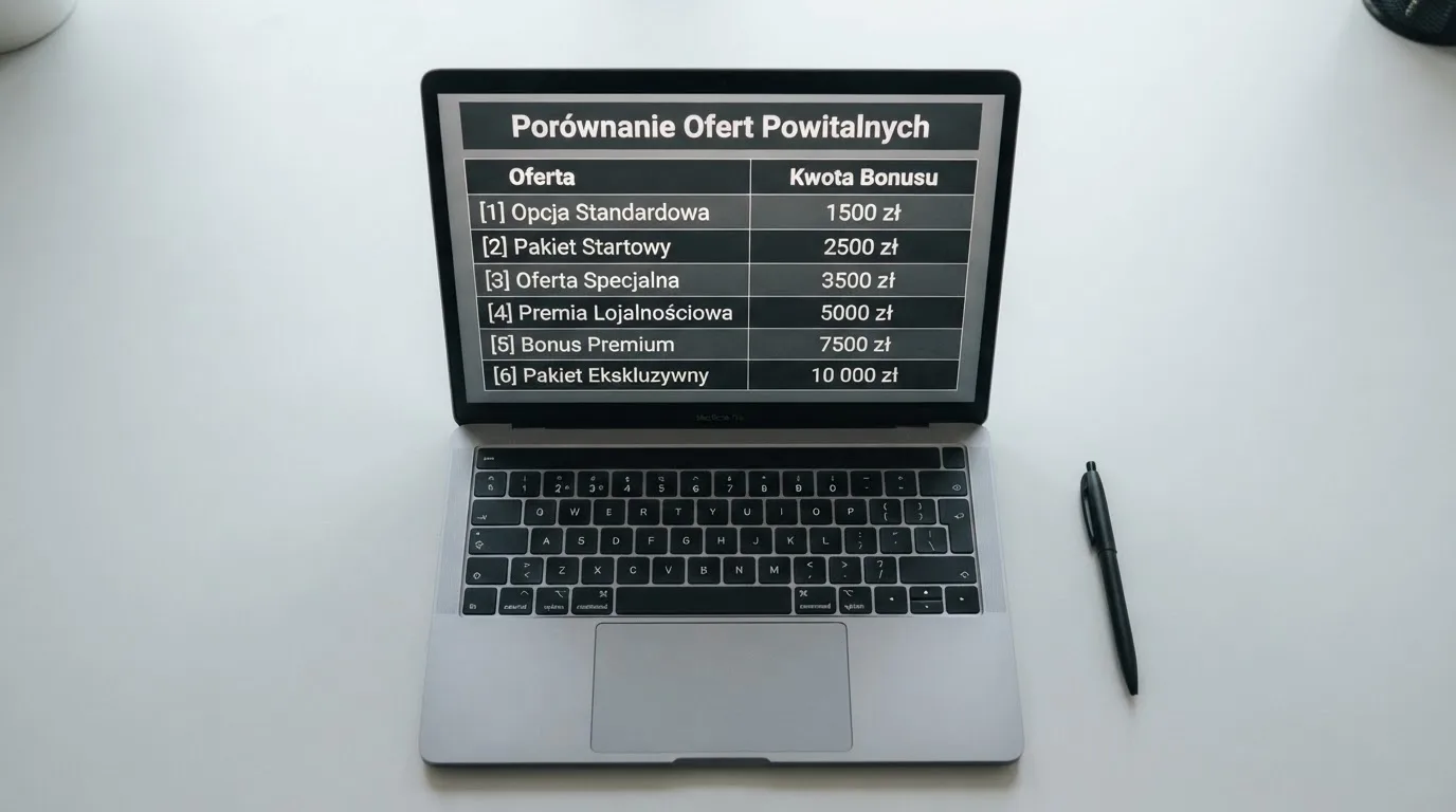 Widok z góry na laptop z otwartą tabelą porównawczą ofert powitalnych kilku serwisów kasynowych