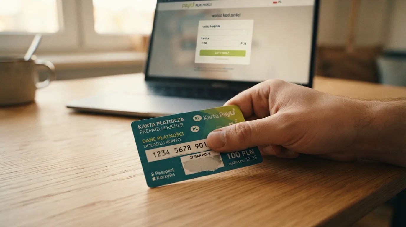 Karta przedpłacona Paysafecard z zasłoniętym polem kodu PIN obok klawiatury laptopa