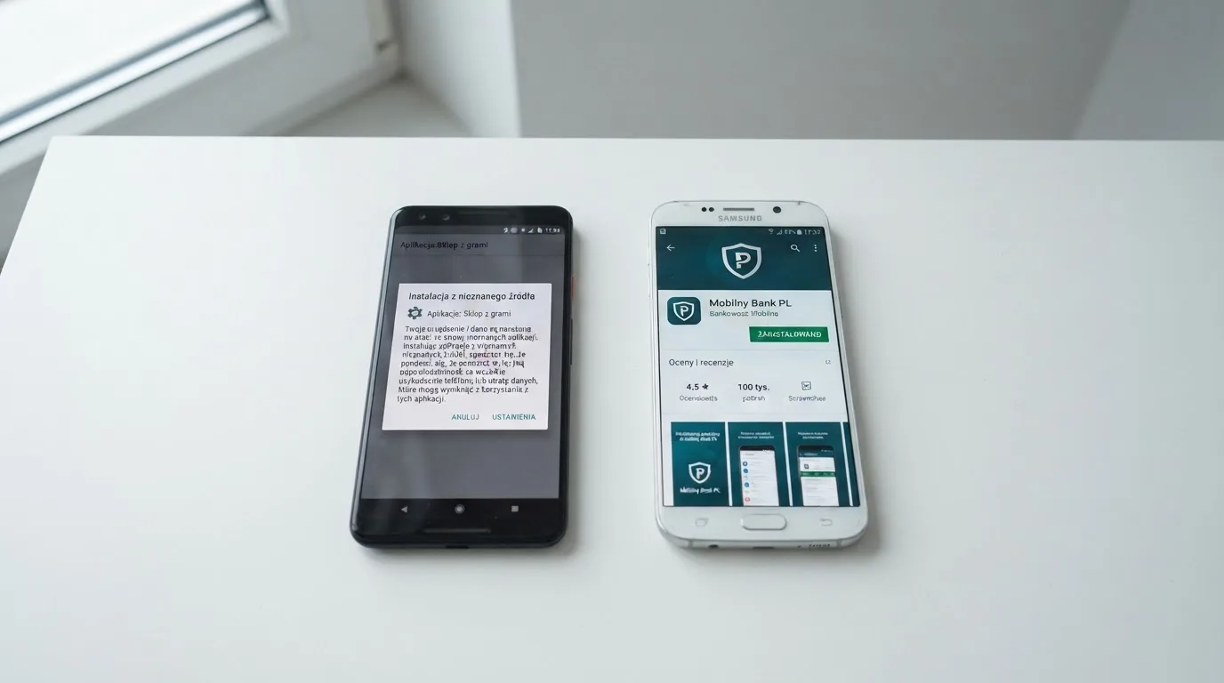 Dwa telefony obok siebie: na jednym komunikat zgody na instalację pliku APK z nieznanego źródła, na drugim strona aplikacji w sklepie z przyciskiem pobierania