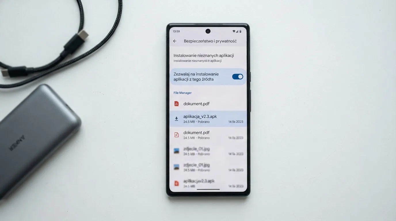 Ekran ustawień Androida z przełącznikiem zgody na instalację aplikacji z nieznanego źródła i pobranym plikiem instalacyjnym na liście