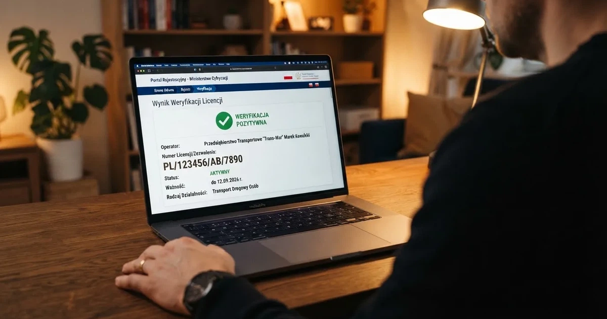 Zbliżenie ekranu z wynikiem wyszukiwania certyfikatu licencji na oficjalnym portalu regulatora, z widocznym numerem licencji i statusem
