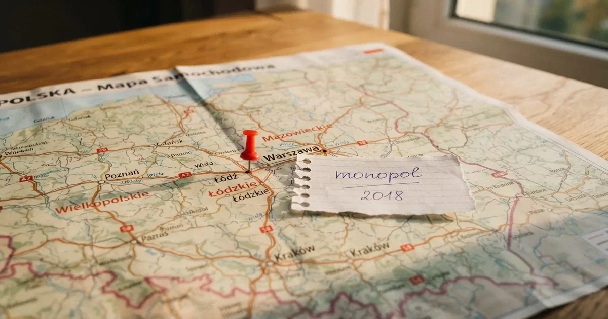 Mapa Polski rozłożona na biurku z jedną czerwoną pinezką wbitą w Warszawę i kartką z odręcznym dopiskiem o monopolu państwa