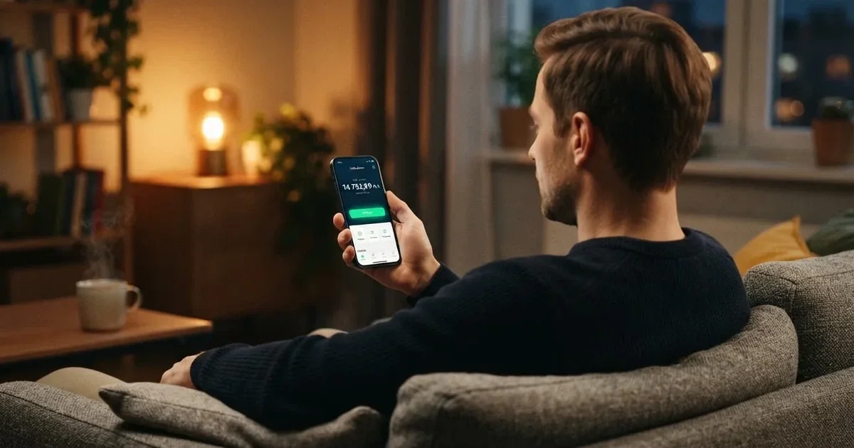 Dorosły mężczyzna na kanapie trzyma smartfon z Androidem, na ekranie saldo konta gracza w złotych obok przycisku wypłaty