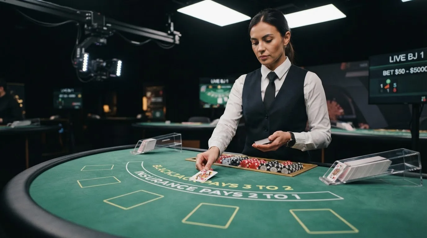 Krupier rozdający karty przy stole blackjacka podczas transmisji na żywo