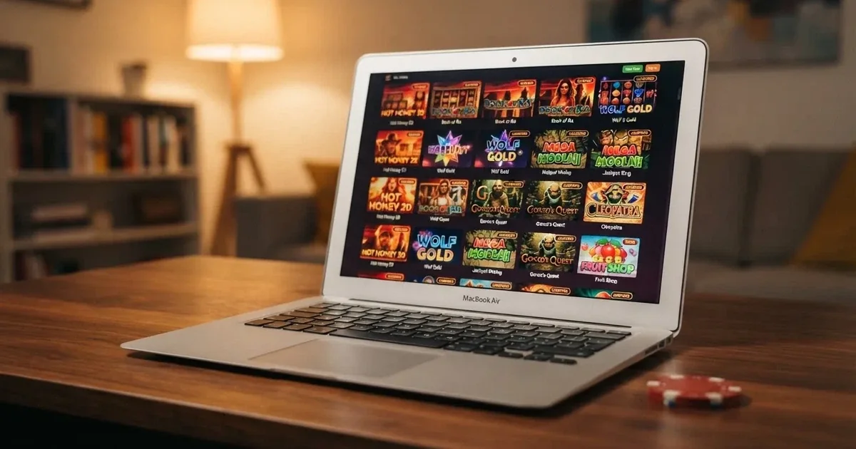 widok lobby wirtualnego kasyna na ekranie laptopa z rzędami ikon gier automatów