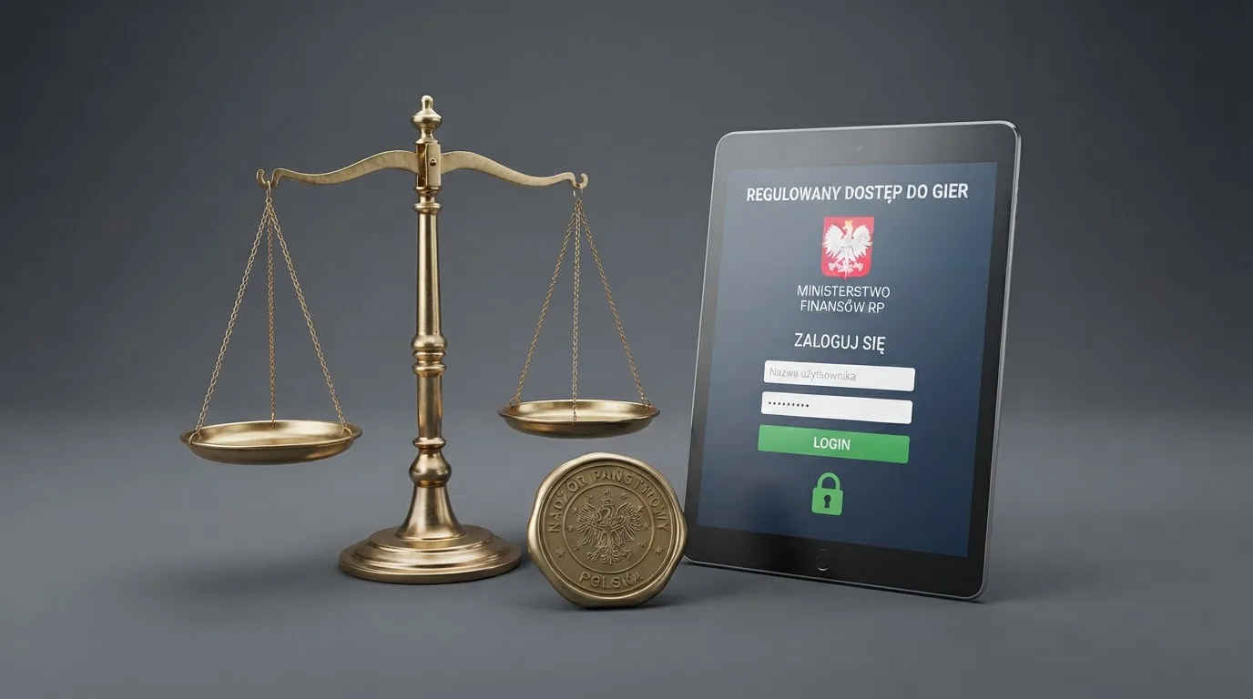 Symboliczna pieczęć urzędowa i waga obok ekranu logowania do serwisu hazardowego