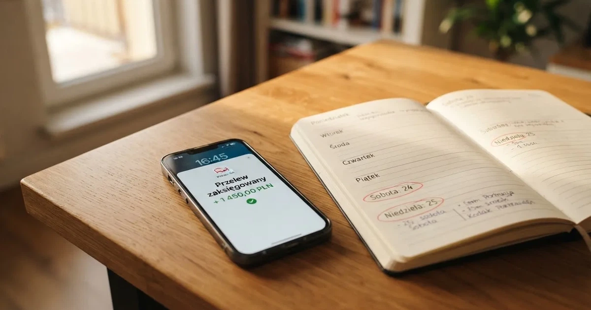 Smartfon z powiadomieniem o zaksięgowanym przelewie przychodzącym, obok papierowy kalendarz z zakreśloną sobotą i niedzielą