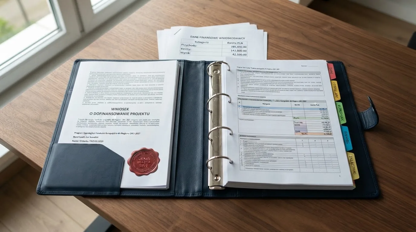 Segregator z wnioskiem o koncesję na kasyno gry, wydrukiem sprawozdania finansowego i urzędową pieczątką leżący na biurku