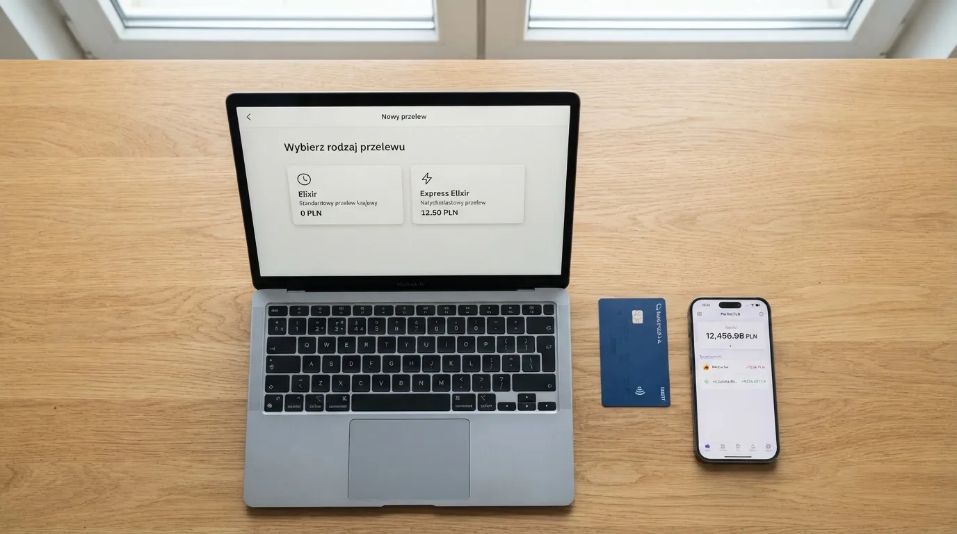 Ekran aplikacji bankowej z wyborem rodzaju przelewu, obok karta płatnicza i telefon z otwartym e-portfelem bez logotypów