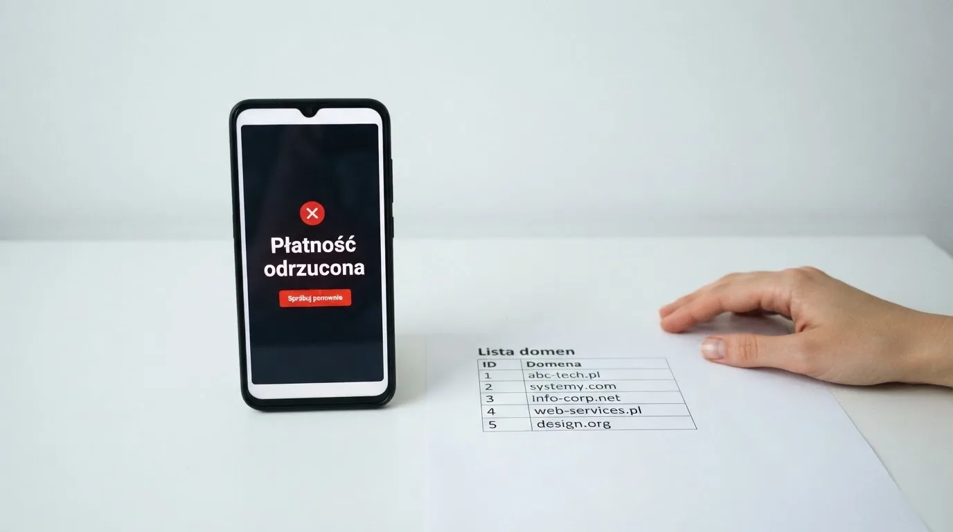 Telefon z komunikatem o odrzuconej płatności na ekranie, obok wydruk tabeli z listą zablokowanych adresów stron