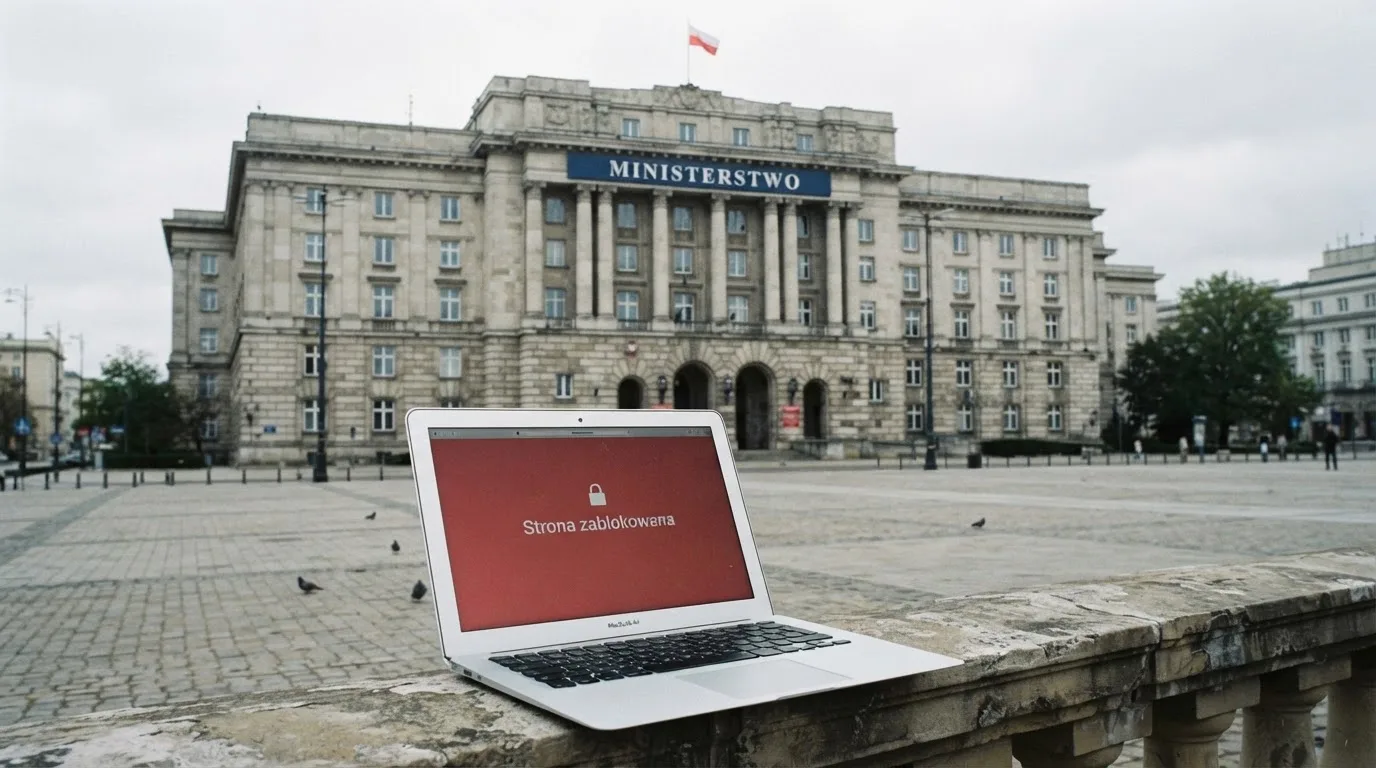Budynek urzędu z tablicą ministerstwa, na pierwszym planie laptop z komunikatem o zablokowanej stronie kasyna