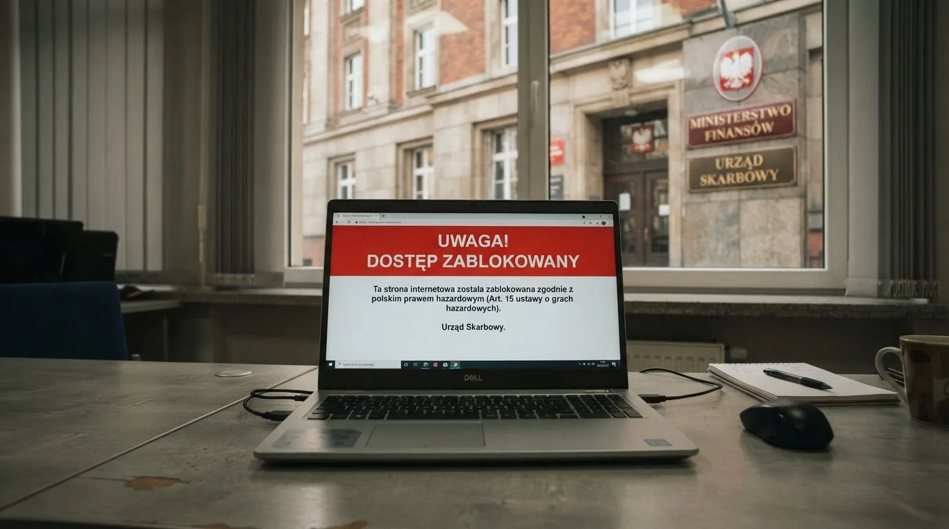 Laptop z komunikatem o zablokowanej stronie hazardowej, w tle budynek urzędu z tablicą ministerstwa