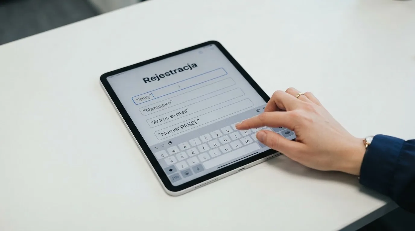 Formularz rejestracji konta gracza z polami na PESEL i numer dokumentu tożsamości na ekranie tabletu