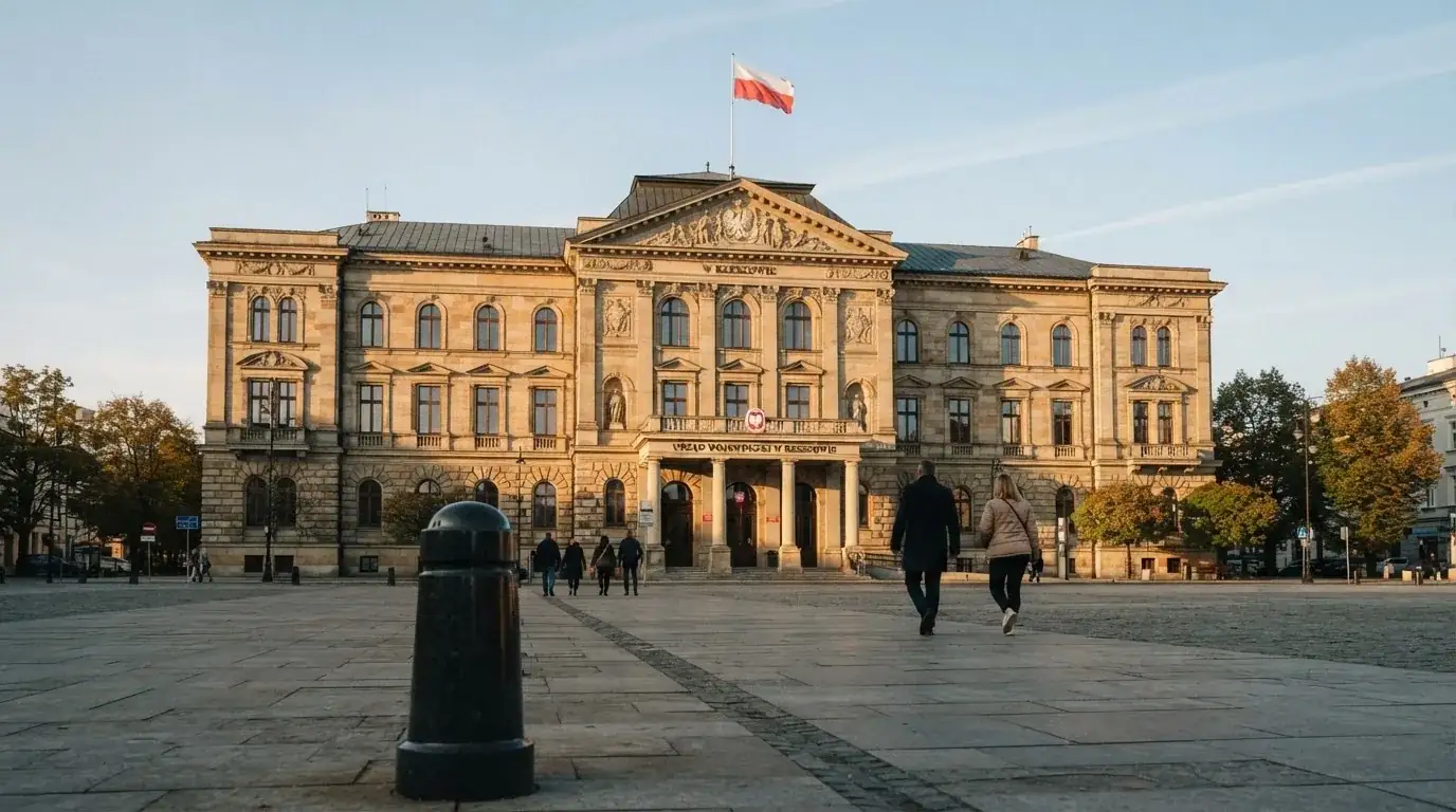 Budynek urzędu administracji państwowej z flagą Polski na maszcie w tle