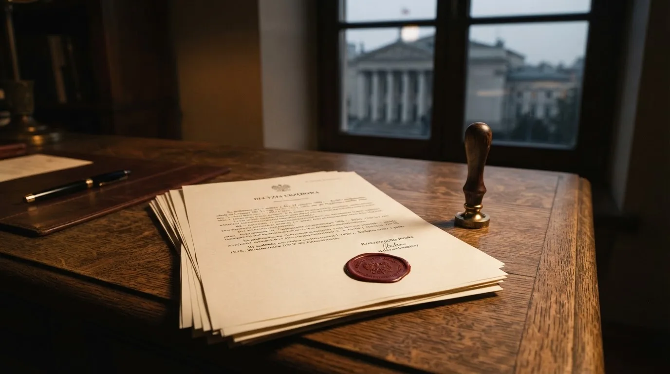 Stos dokumentów urzędowych i pieczęć na biurku, w tle sylwetka budynku administracji publicznej