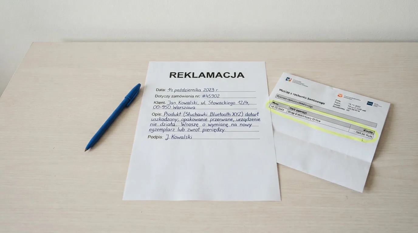 Wydrukowany formularz reklamacji leżący na biurku obok długopisu i wyciągu bankowego z zakreśloną pozycją