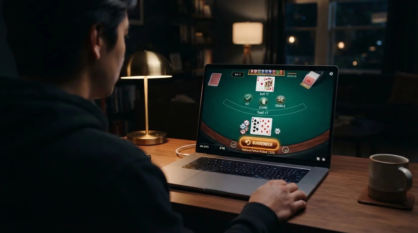Wirtualny stół do blackjacka z dwiema kartami gracza i podświetlonym przyciskiem natychmiastowego zwrotu wartości ręki