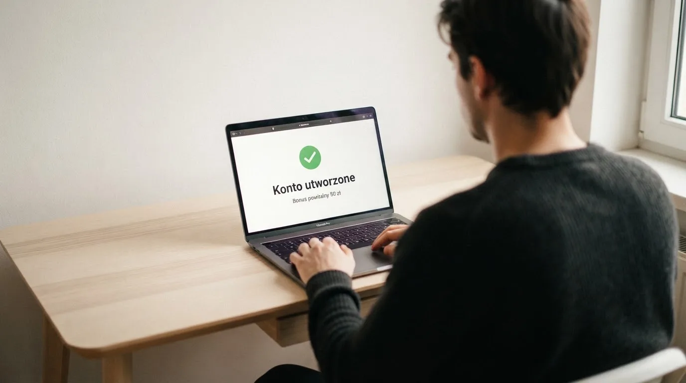 Ekran potwierdzenia założenia konta gracza w kasynie internetowym z komunikatem o bonusie startowym bez wpłaty