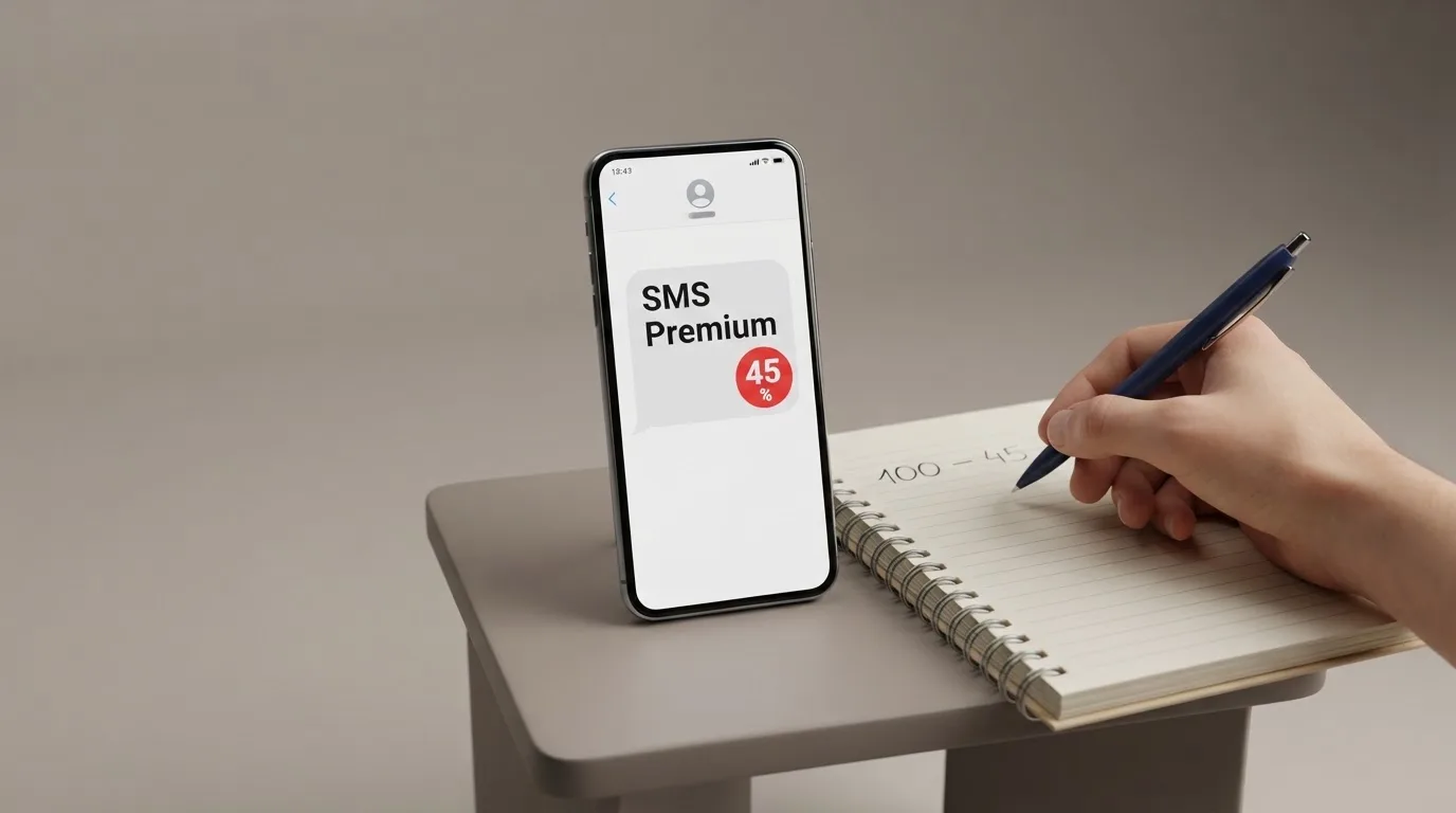 Ekran telefonu z wiadomością SMS obok kalkulatora liczącego opłaty